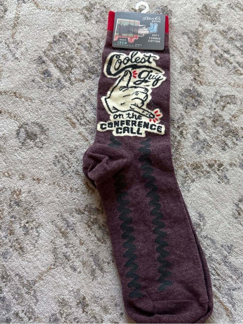 Blue Q Maroon Crew Socks with 'Coolest Guy on the Conference Call' Graphic